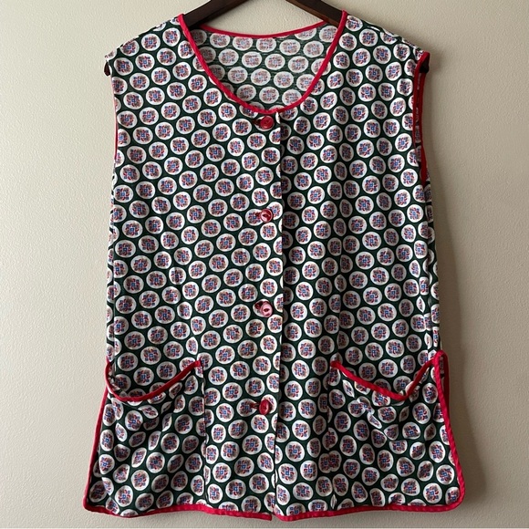 Eccentric Women's L Button Down Vest with Red Trim and Fun Pattern - Picture 1 of 8
